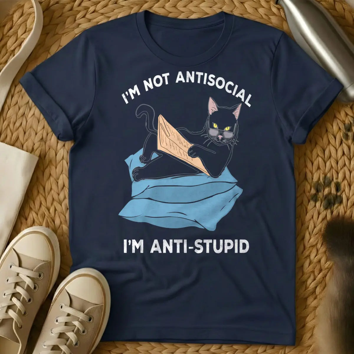 Antisocial Cat Shirt - Navy T-Shirt - feline philosophy, grumpy cat aesthetic, homebody philosophy
