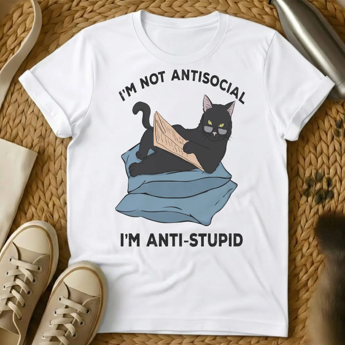 Antisocial Cat Shirt - White T-Shirt - feline philosophy, grumpy cat aesthetic, homebody philosophy