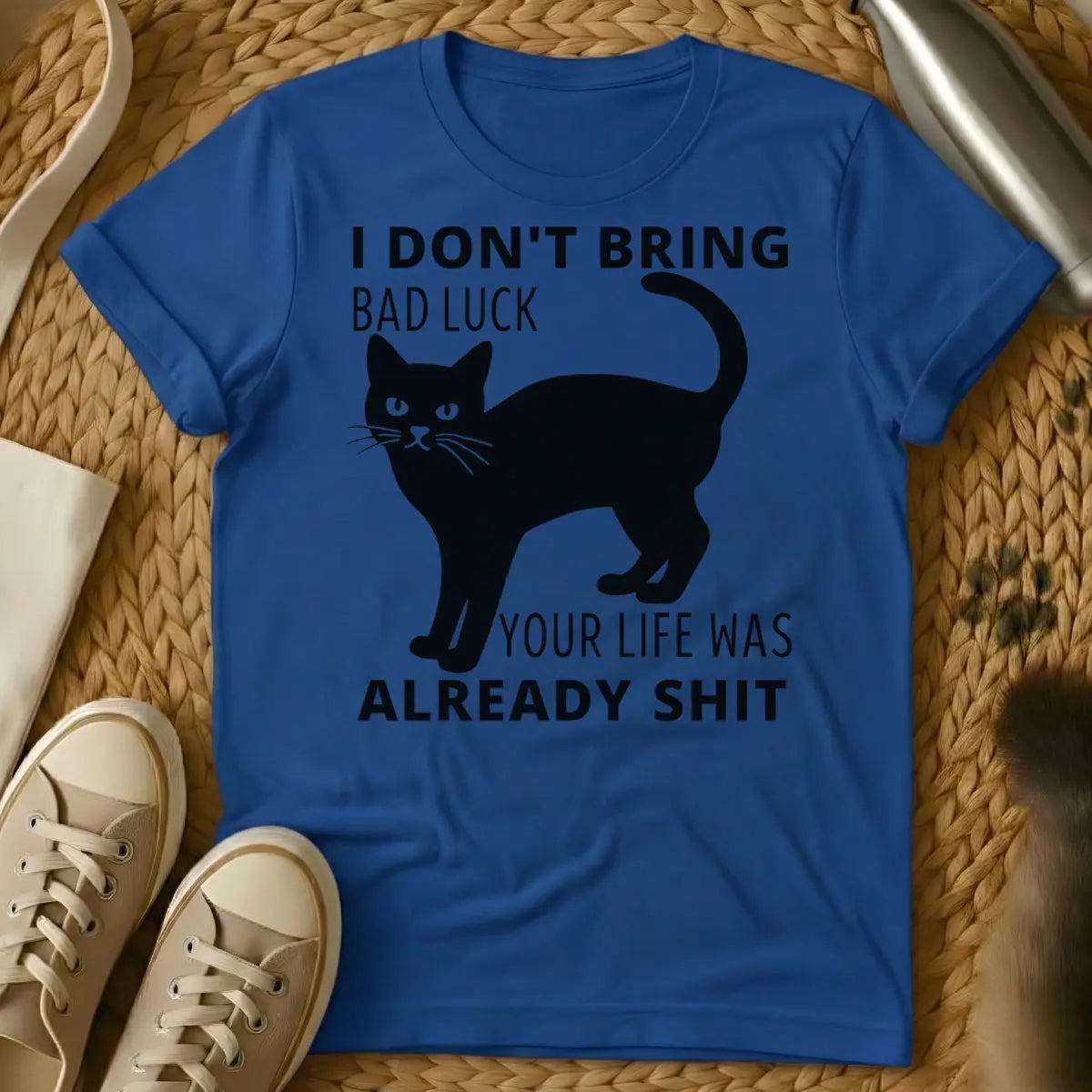 Sarcastic Black Cat Tee - Blue Cat T-Shirt