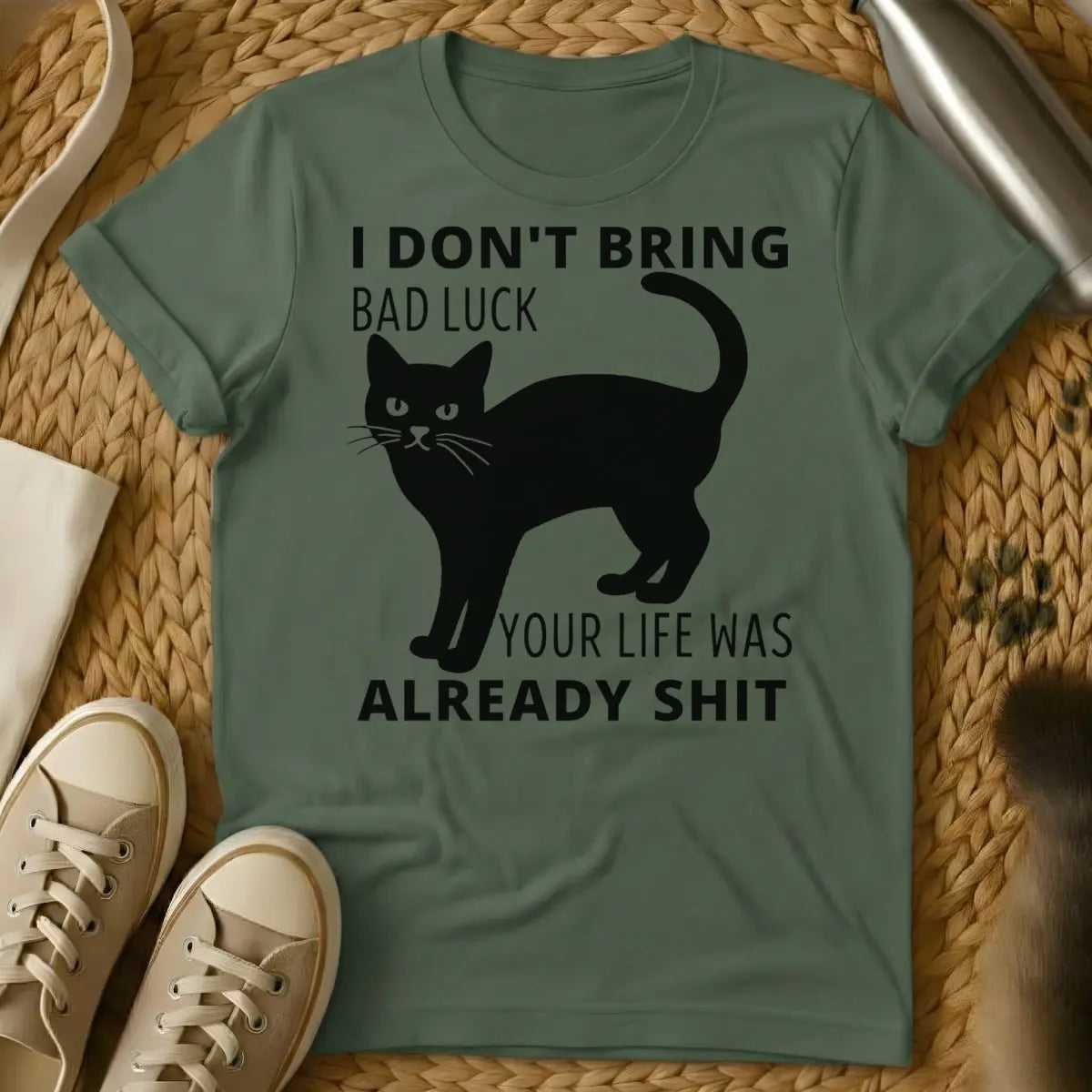 Sarcastic Black Cat Tee - Military Green Cat T-Shirt