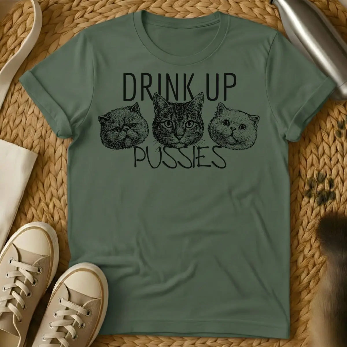 Drink Up Shirt - Military Green T-Shirt - boozy cat mom, cat's approval club, feline sommelier humor