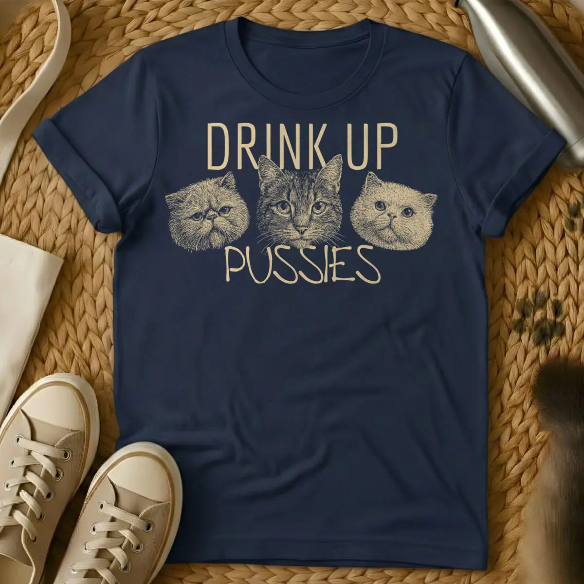 Drink Up Shirt - Navy T-Shirt - boozy cat mom, cat's approval club, feline sommelier humor