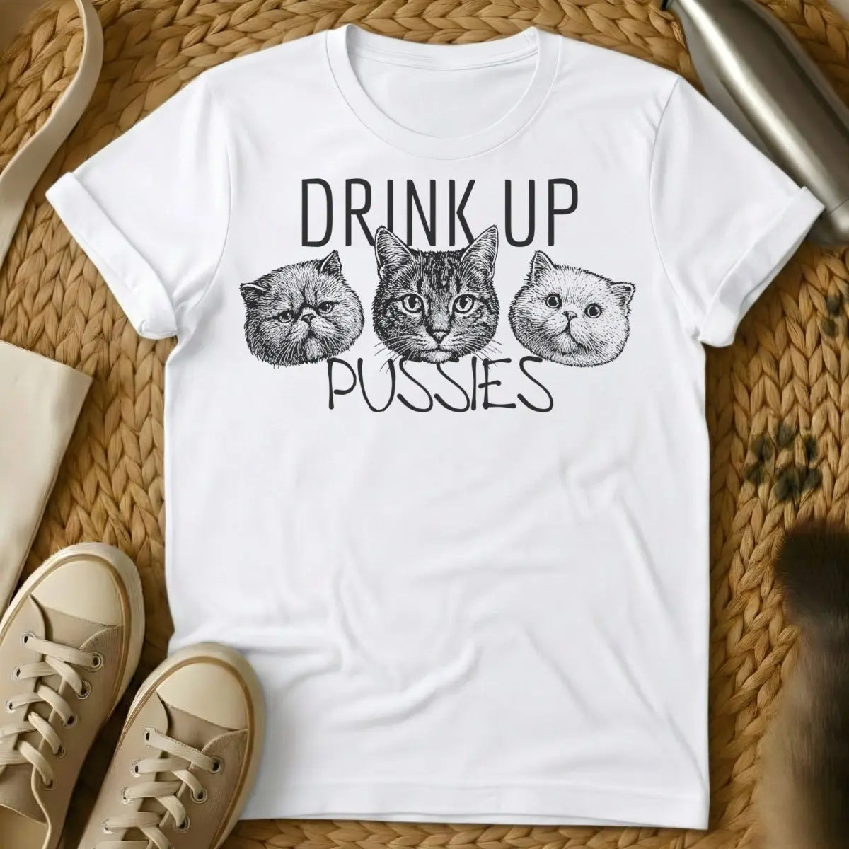 Drink Up Shirt - White T-Shirt - boozy cat mom, cat's approval club, feline sommelier humor