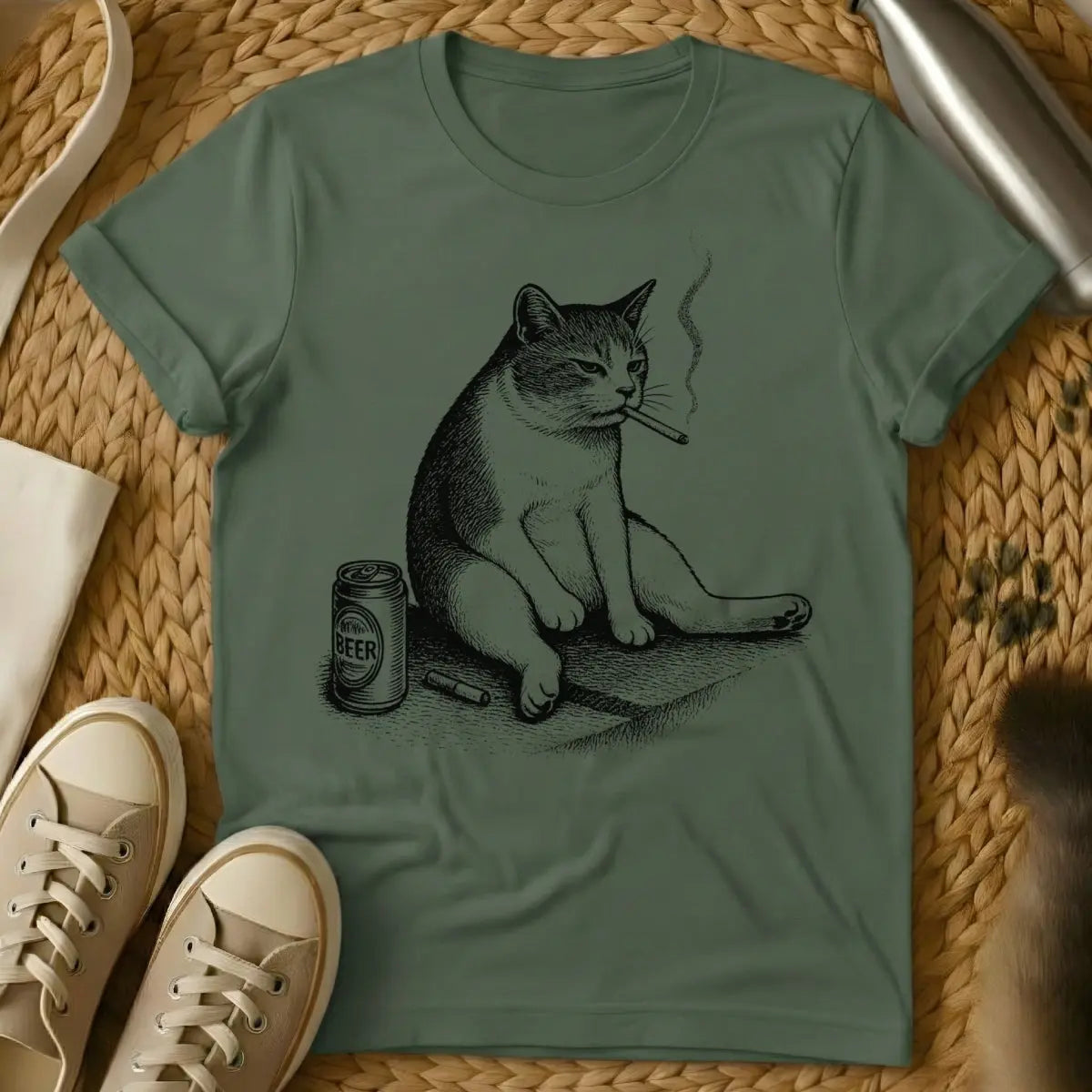 Smoking Cat Meme Tee - Military Green Cat T-Shirt
