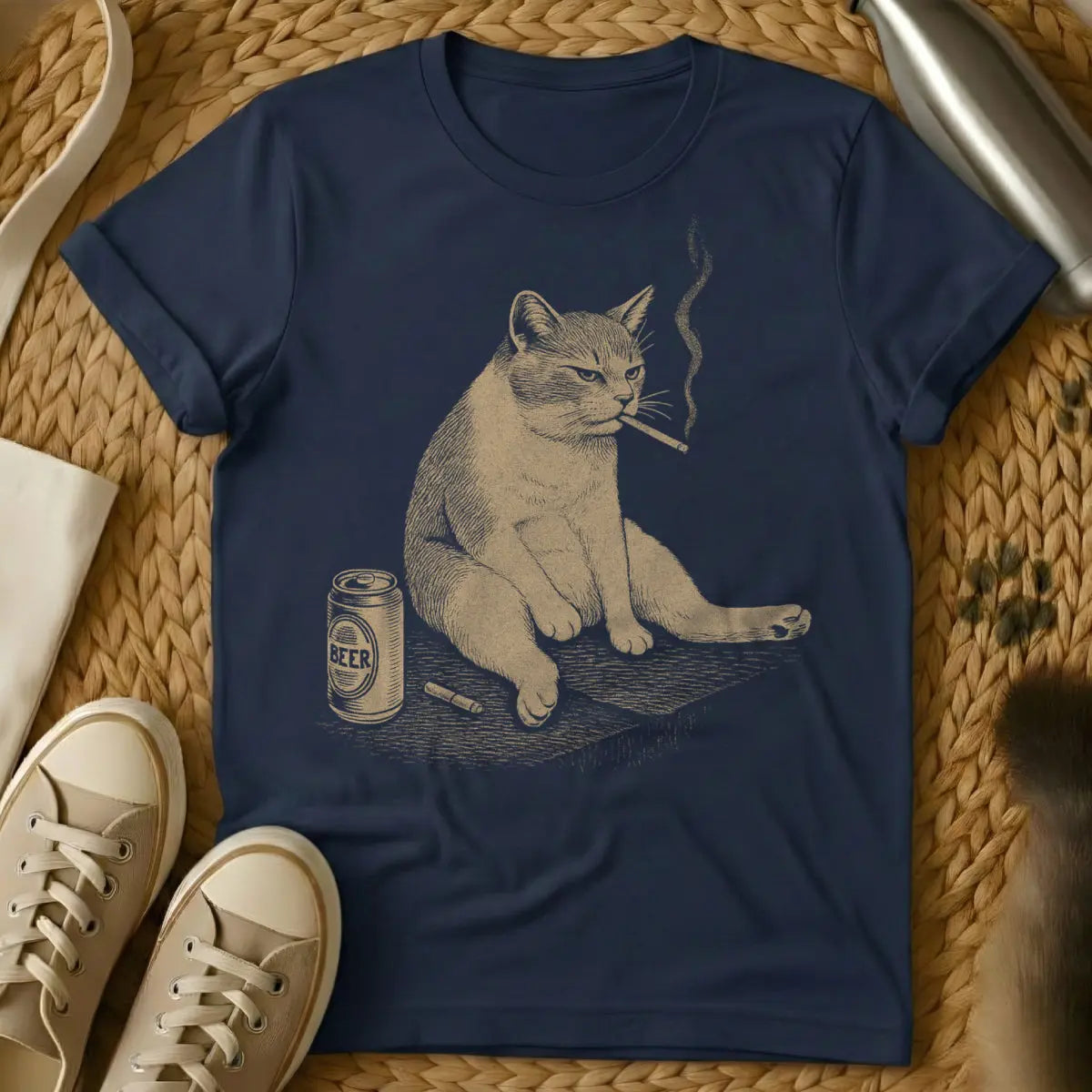 Smoking Cat Meme Tee - Navy Cat T-Shirt