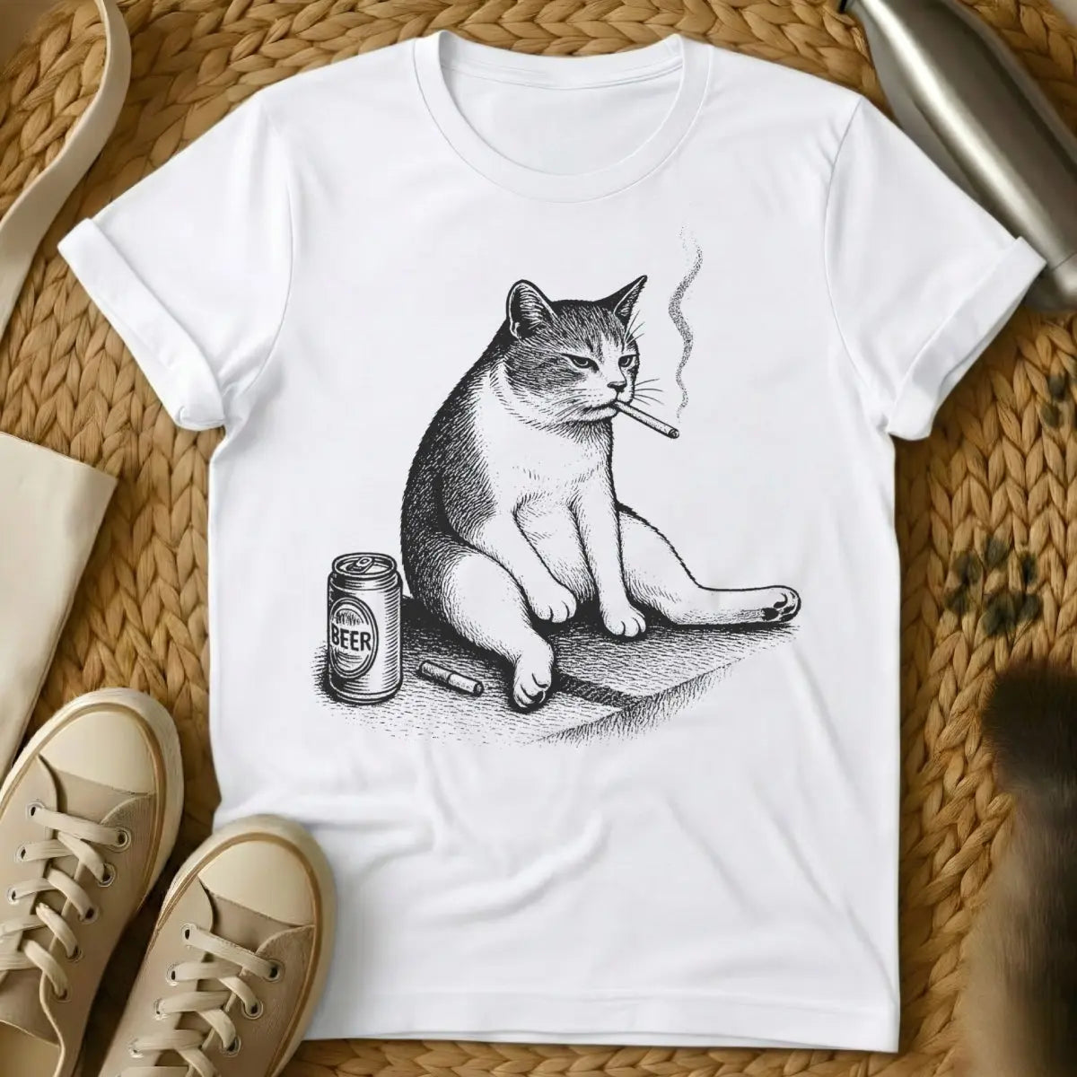 Smoking Cat Meme Tee - White Cat T-Shirt