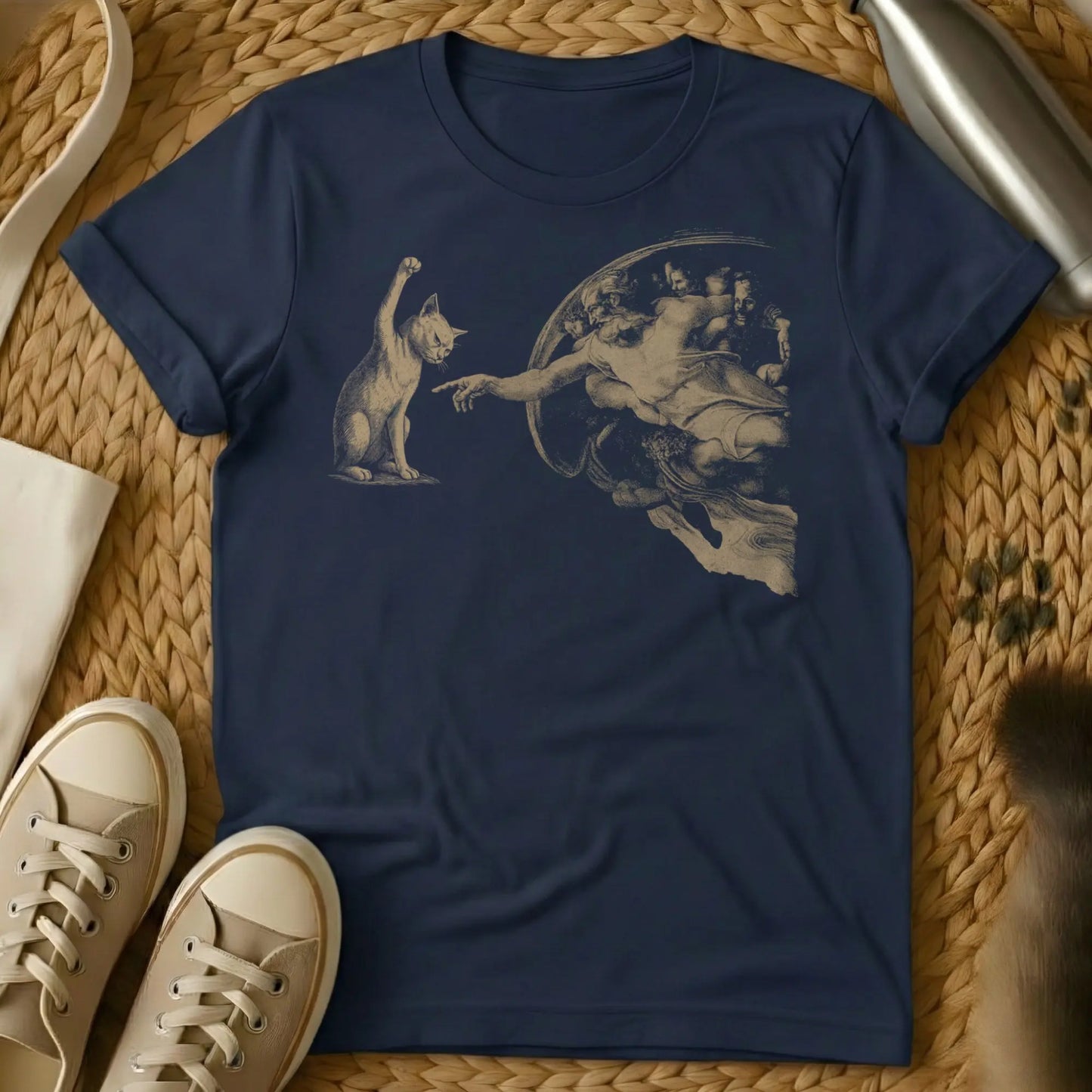Creation Of Adam Shirt | Cat Twist - Navy T-Shirt - art history humor, classical art meme, michelangelo spoof