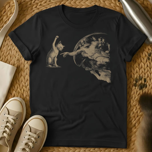 Creation Of Adam Shirt | Cat Twist - Black T-Shirt - art history humor, classical art meme, michelangelo spoof