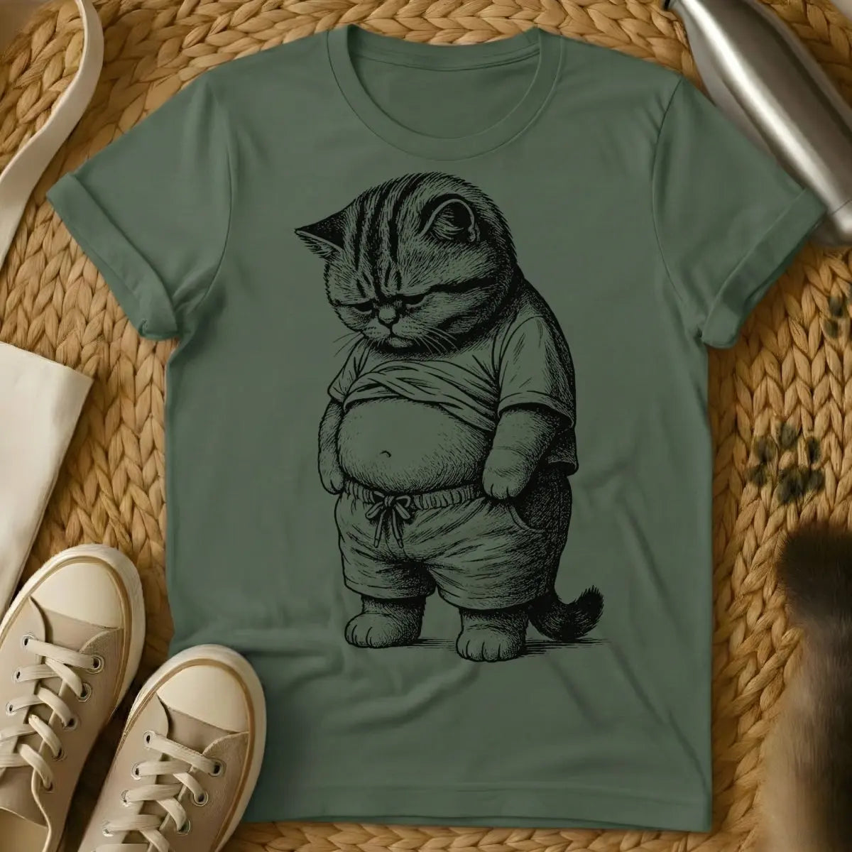 Chubby Cat Shirt - Military Green T-Shirt - cat body positivity, chonky cat, comfort core cat