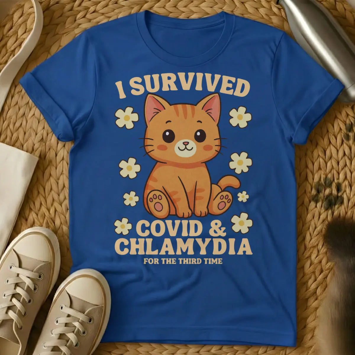 Covid Survivor Shirt - Blue T-Shirt - feline stoicism, pandemic pet parent, quarantine humor