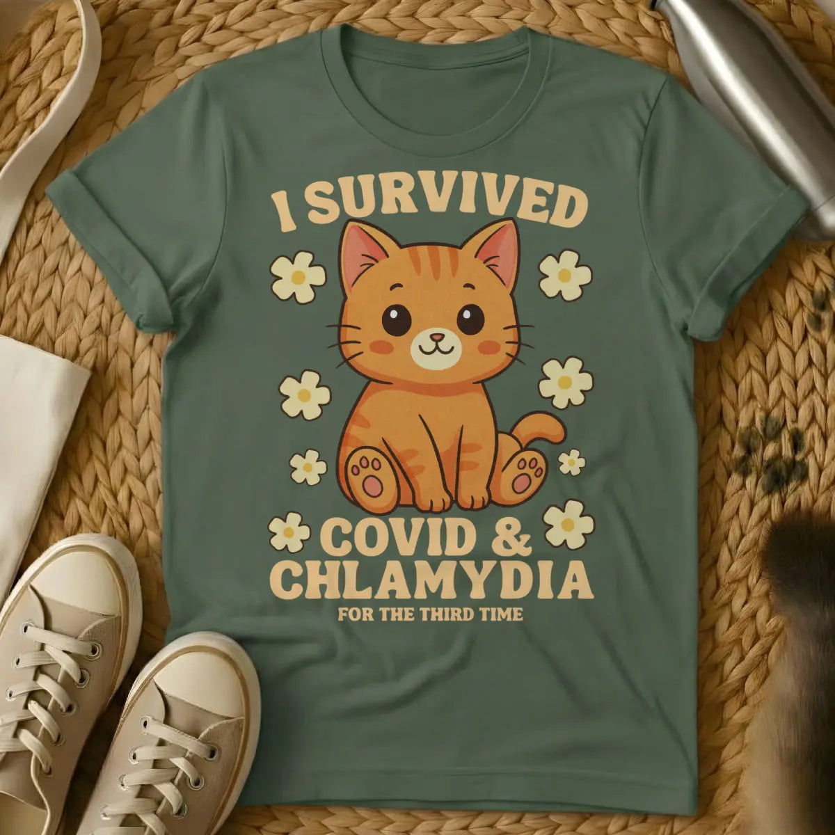 Covid Survivor Shirt - Military Green T-Shirt - feline stoicism, pandemic pet parent, quarantine humor