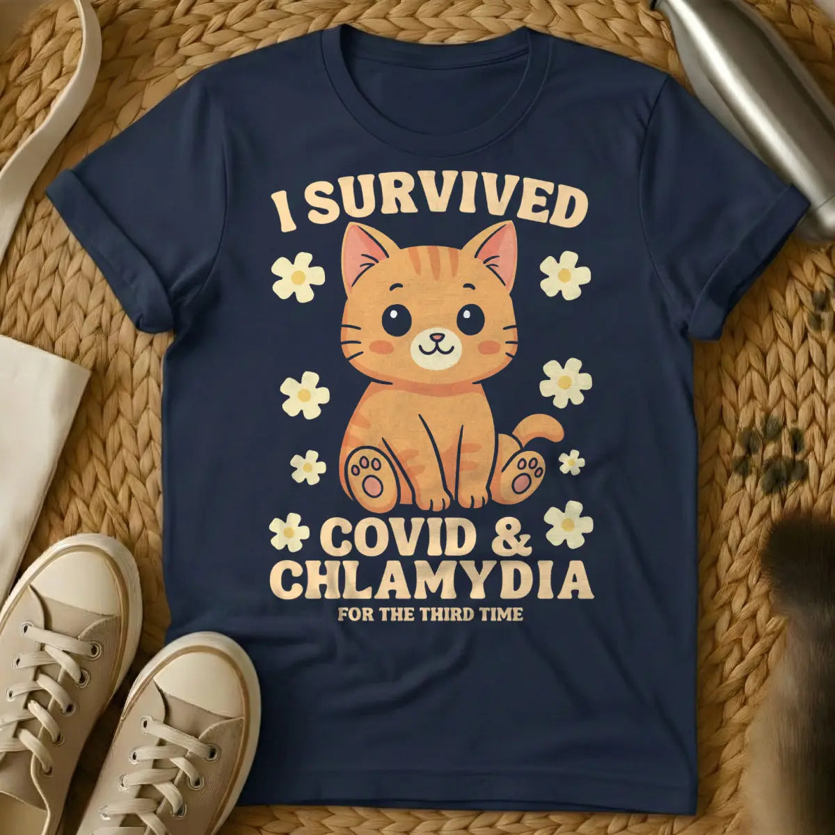 Covid Survivor Shirt - Navy T-Shirt - feline stoicism, pandemic pet parent, quarantine humor