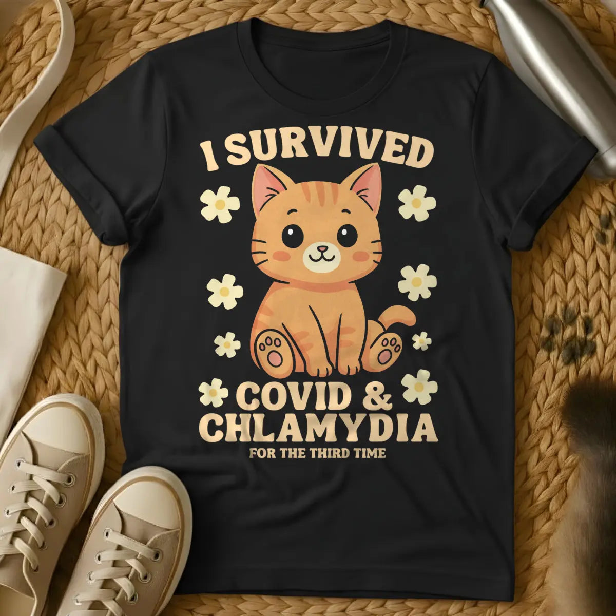 Covid Survivor Shirt - Black T-Shirt - feline stoicism, pandemic pet parent, quarantine humor