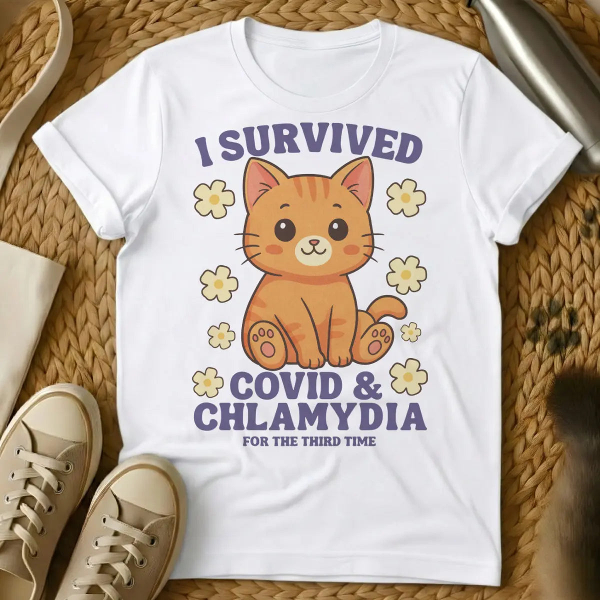 Covid Survivor Shirt - White T-Shirt - feline stoicism, pandemic pet parent, quarantine humor