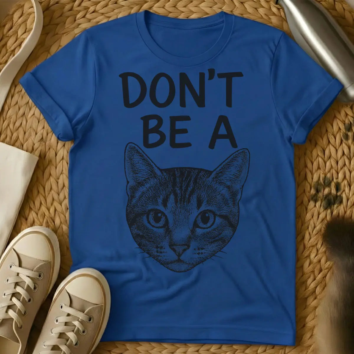 Don't Be a Cat Shirt - Blue T-Shirt - dry wit animal, feline defiance, ironic cat advice