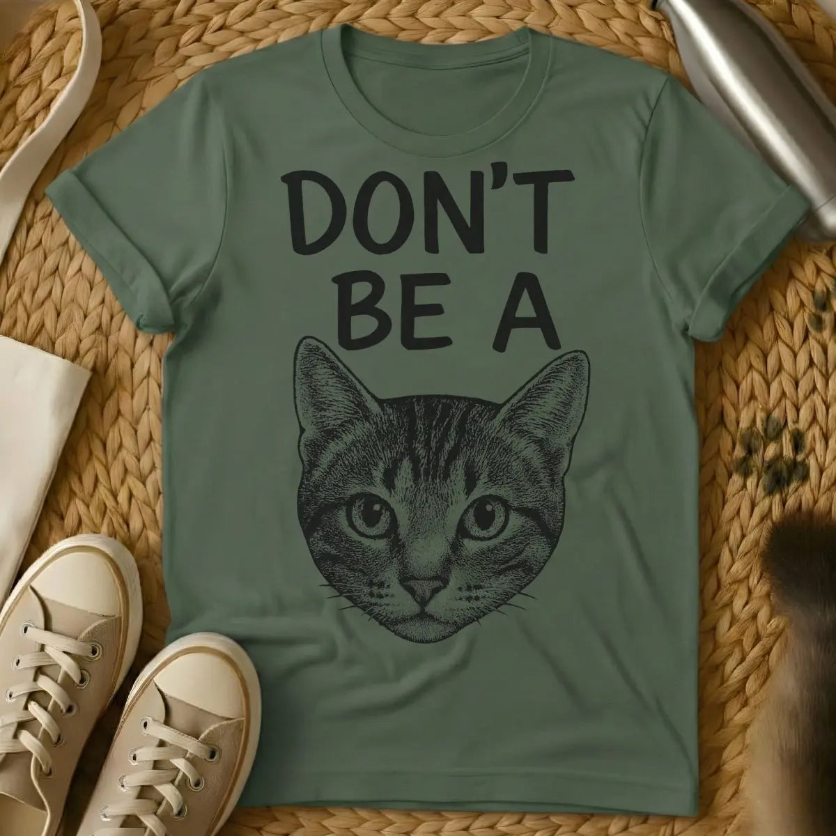 Don't Be a Cat Shirt - Military Green T-Shirt - dry wit animal, feline defiance, ironic cat advice