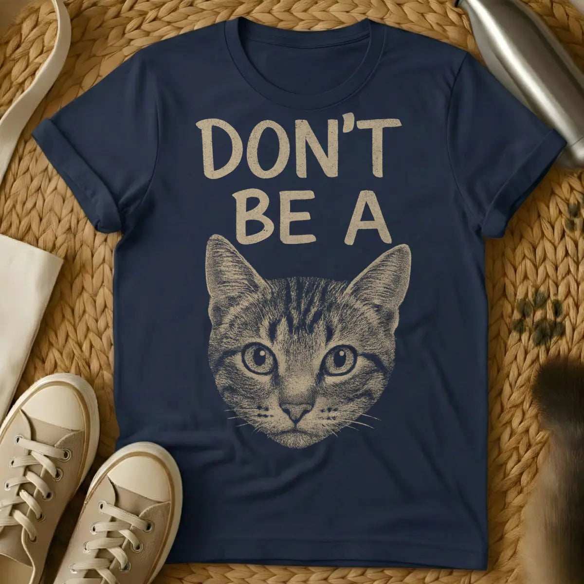 Don't Be a Cat Shirt - Navy T-Shirt - dry wit animal, feline defiance, ironic cat advice