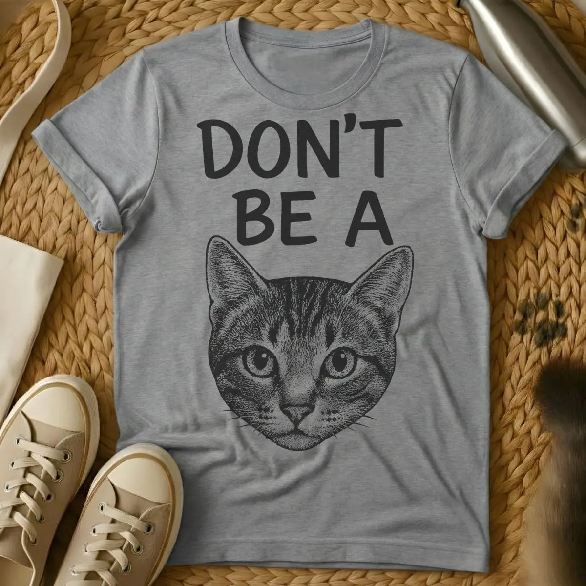 Don't Be a Cat Shirt - Gray T-Shirt - dry wit animal, feline defiance, ironic cat advice