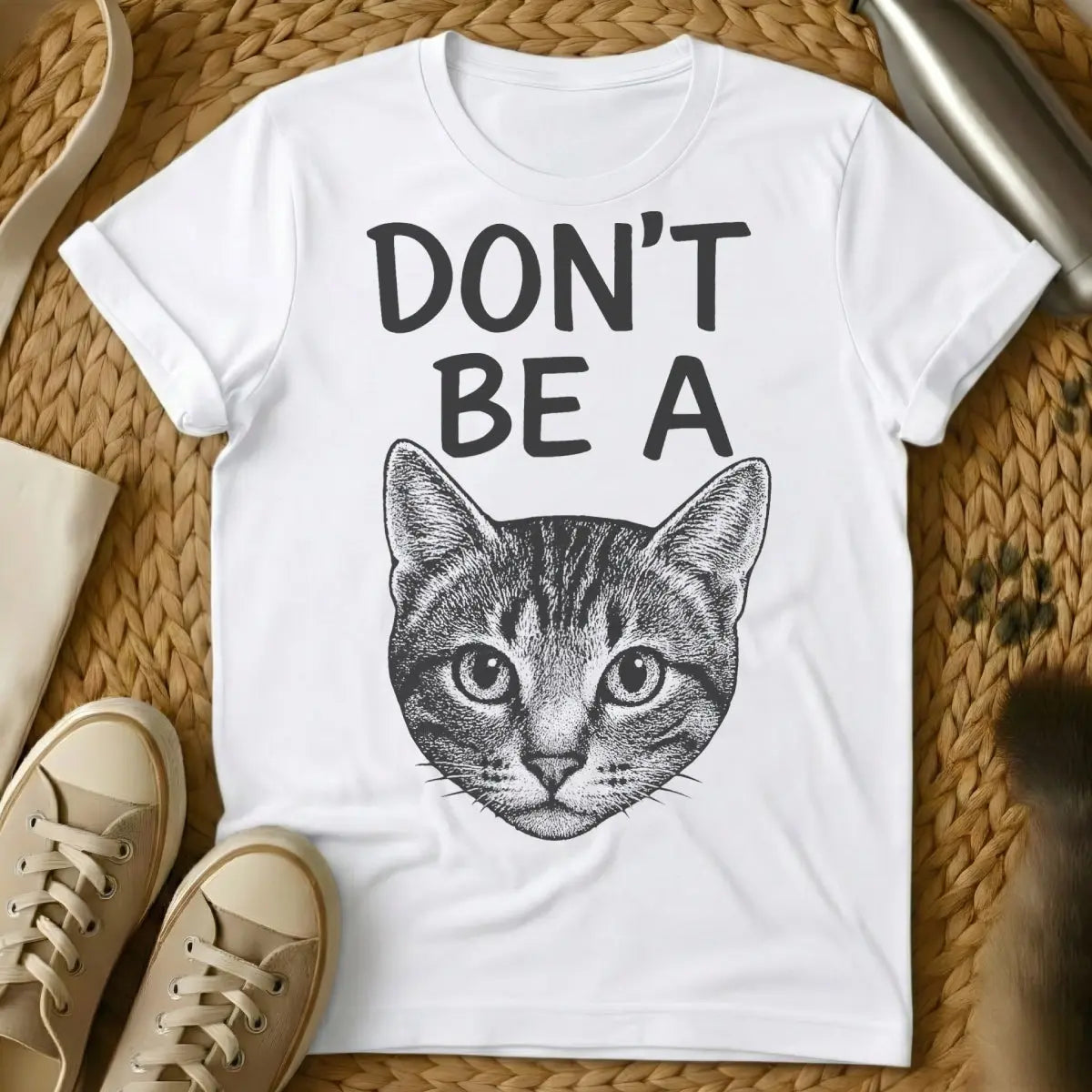 Don't Be a Cat Shirt - White T-Shirt - dry wit animal, feline defiance, ironic cat advice