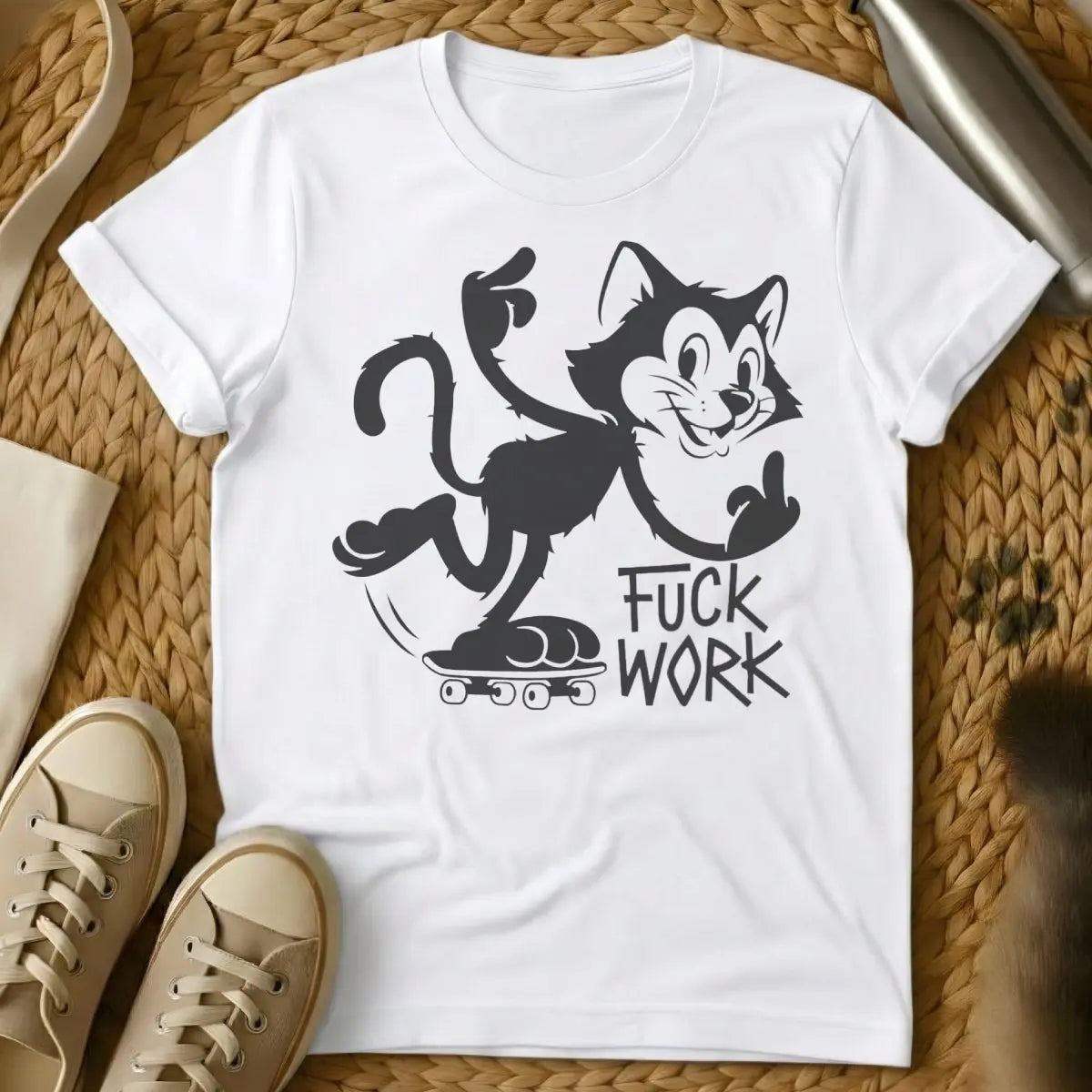 Work Hate Tee - White Cat T-Shirt