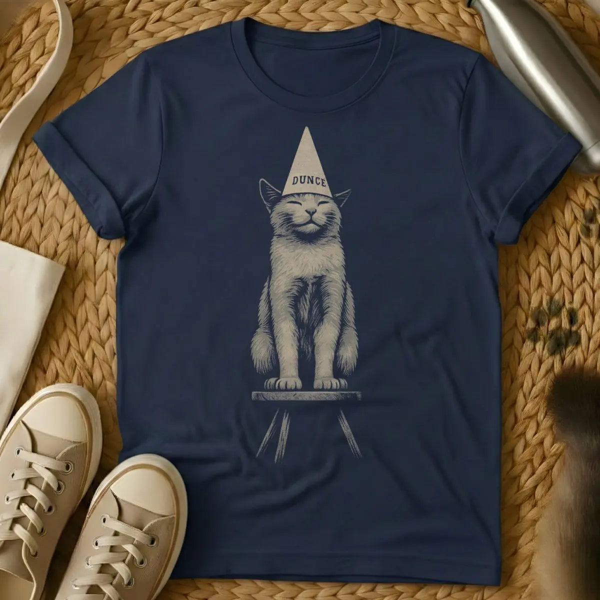 Dunce Shirt - Navy T-Shirt - cat logic meme, clumsy pet humor, derpy animal art