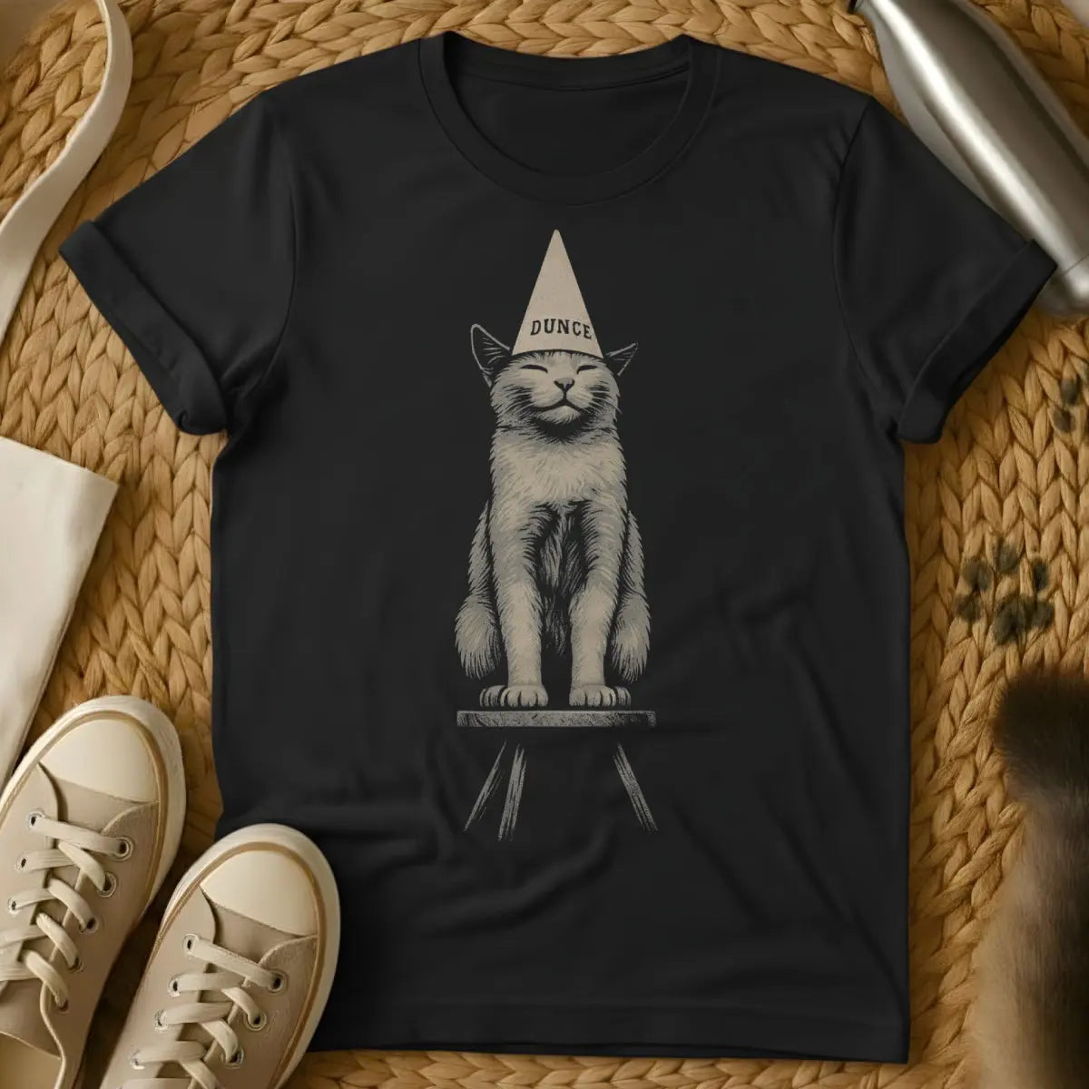 Dunce Shirt - Black T-Shirt - cat logic meme, clumsy pet humor, derpy animal art