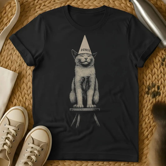 Dunce Shirt - Black T-Shirt - cat logic meme, clumsy pet humor, derpy animal art