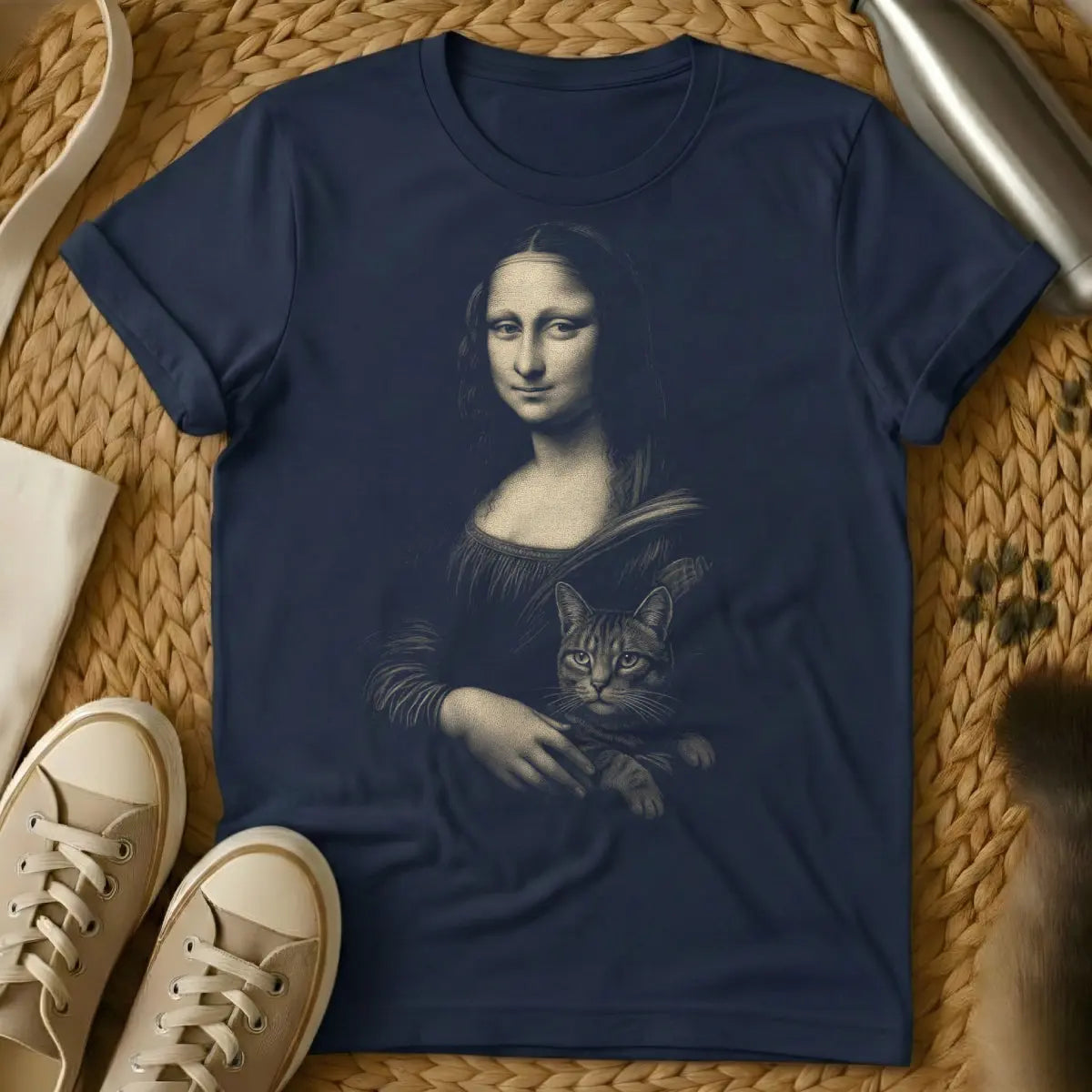 Mona Lisa Cat Shirt - Navy Cat T-Shirt