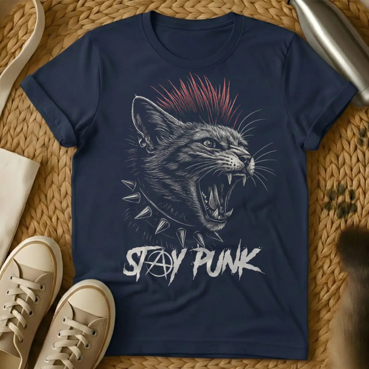 Stay Punk Cat Shirt - Navy Cat T-Shirt