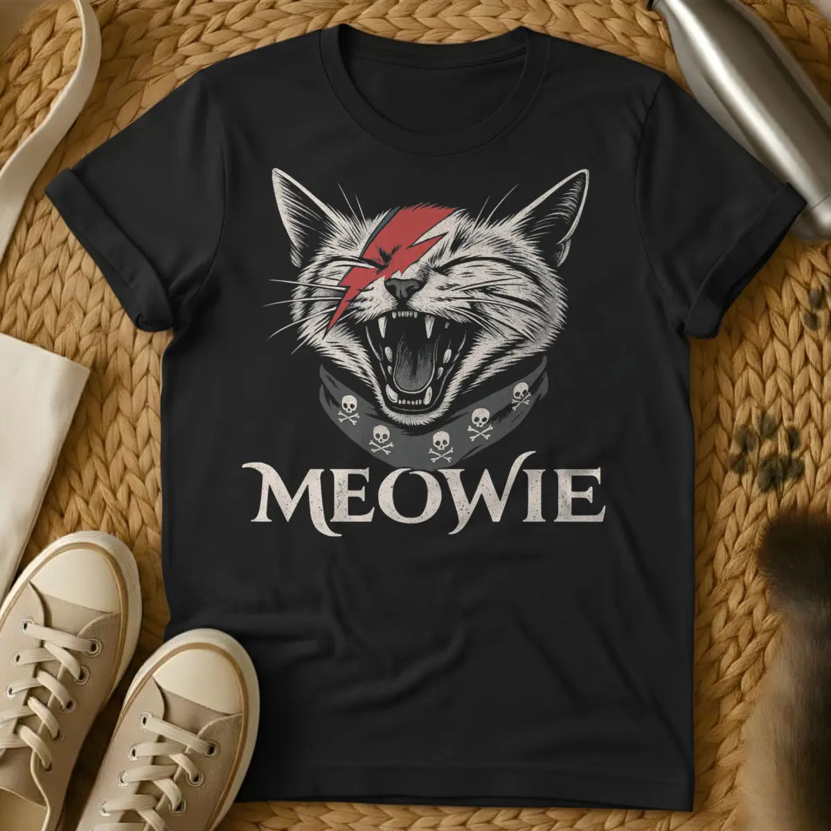 Bowie Cat Shirt - Black T-Shirt - alien cat art, glam rock aesthetic, music fan art