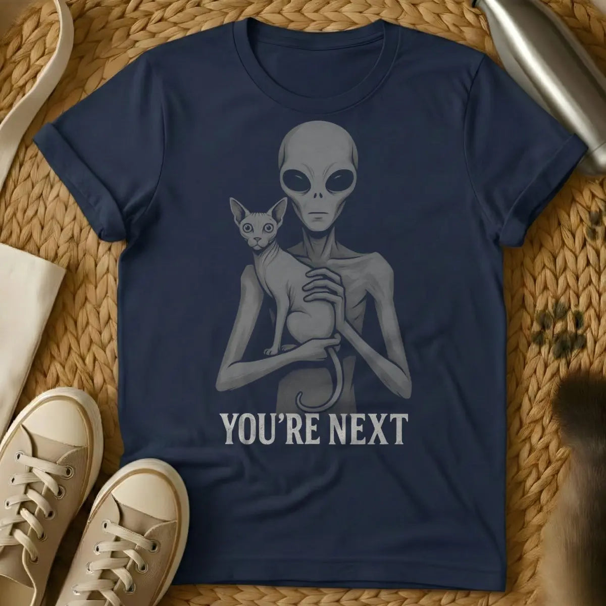 Alien Cat Shirt - Navy T-Shirt - alien invasion parody, cosmic cat conspiracy, extraterrestrial pet