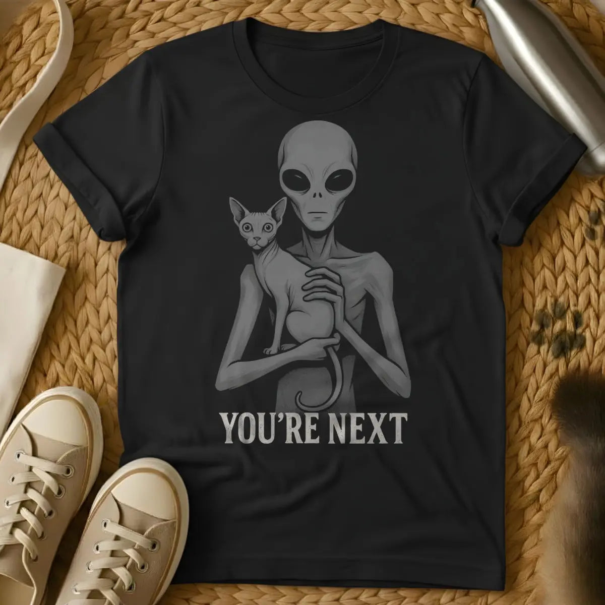 Alien Cat Shirt - Black T-Shirt - alien invasion parody, cosmic cat conspiracy, extraterrestrial pet