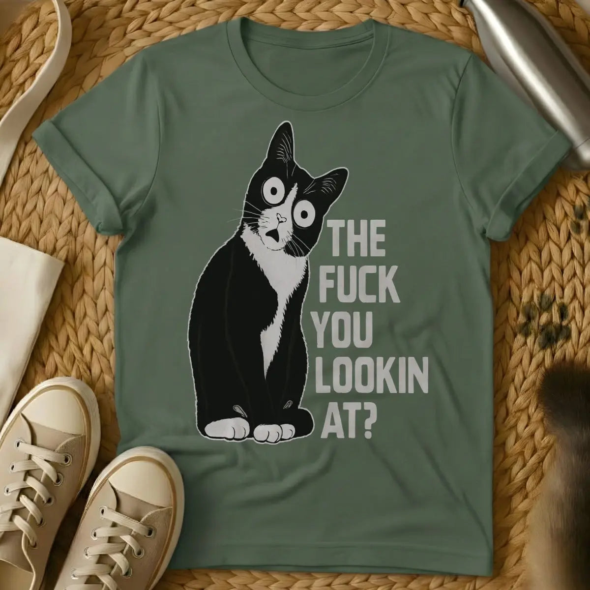 Looking at Cat Shirt - Military Green Cat T-Shirt