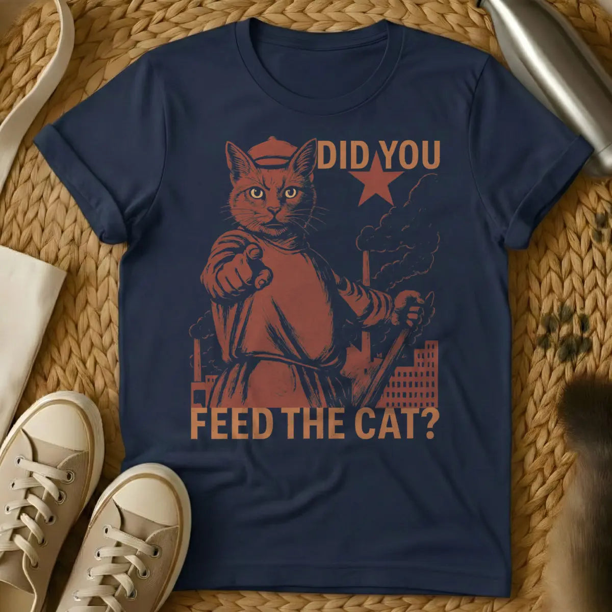 Communist Cat Tee - Navy T-Shirt - cat servitude humor, communist satire, historical meme
