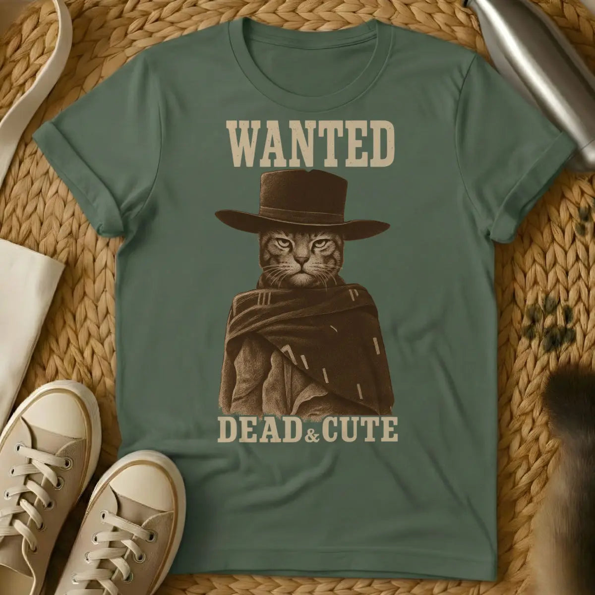 Wanted Cat Shirt - Military Green Cat T-Shirt