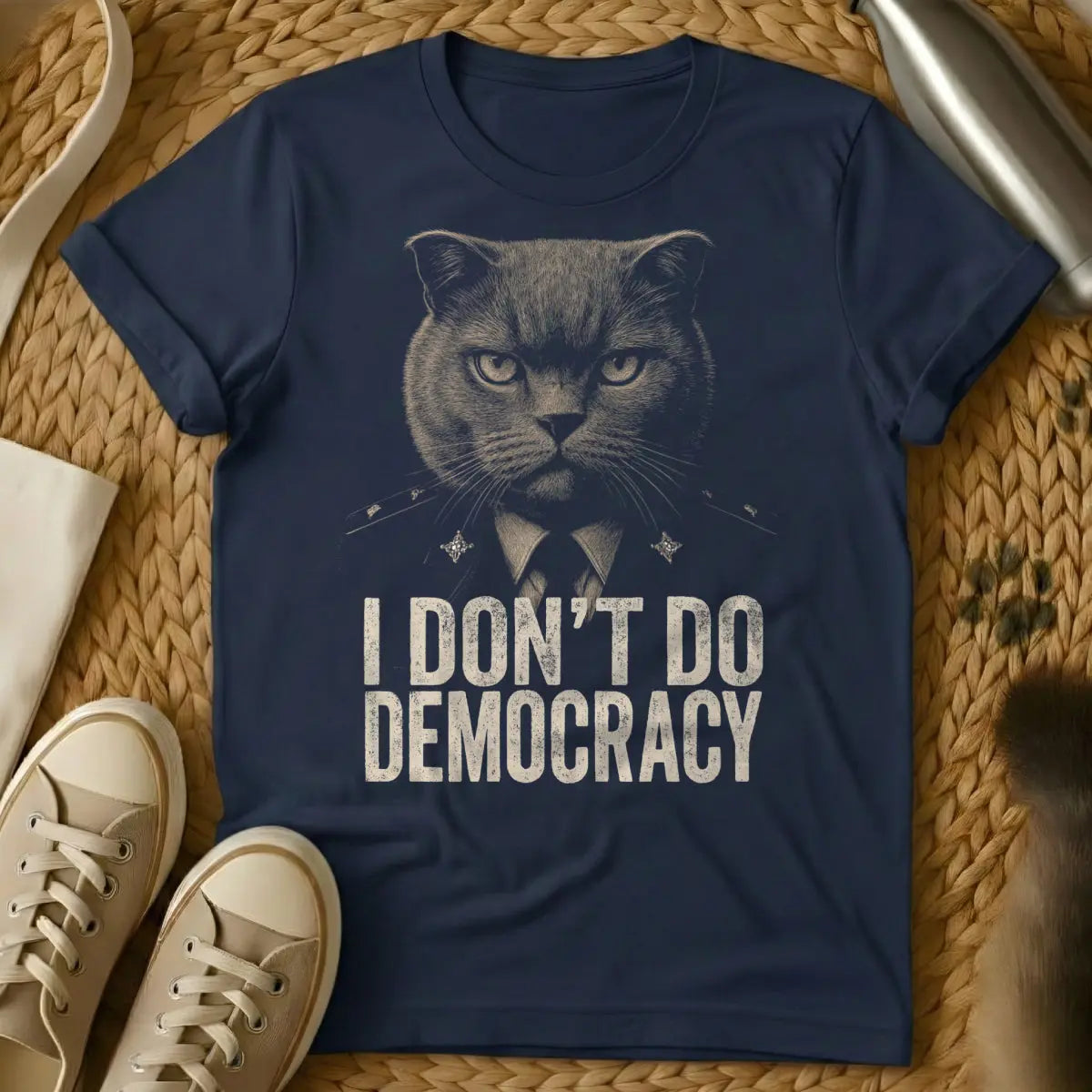 Anti-Democracy Cat Shirt - Navy T-Shirt - feline dictator, household despot, kitty autocracy