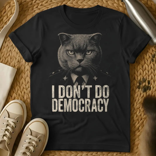 Anti-Democracy Cat Shirt - Black T-Shirt - feline dictator, household despot, kitty autocracy