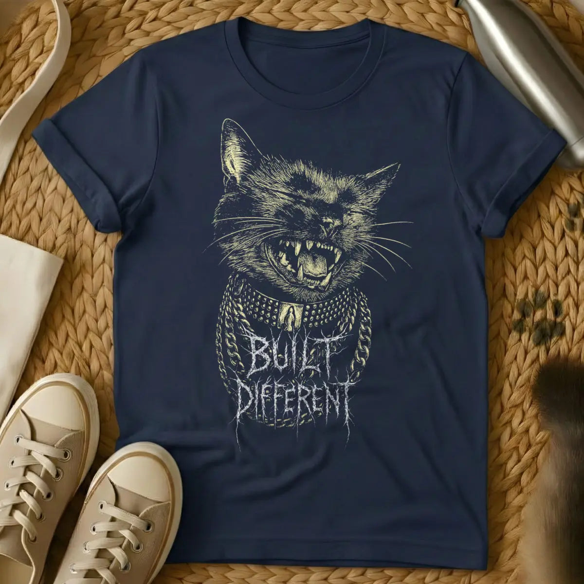Built Different Cat Shirt - Navy T-Shirt - alien cat, anomaly cat, circuit board cat