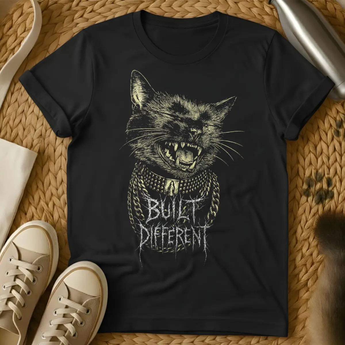Built Different Cat Shirt - Black T-Shirt - alien cat, anomaly cat, circuit board cat