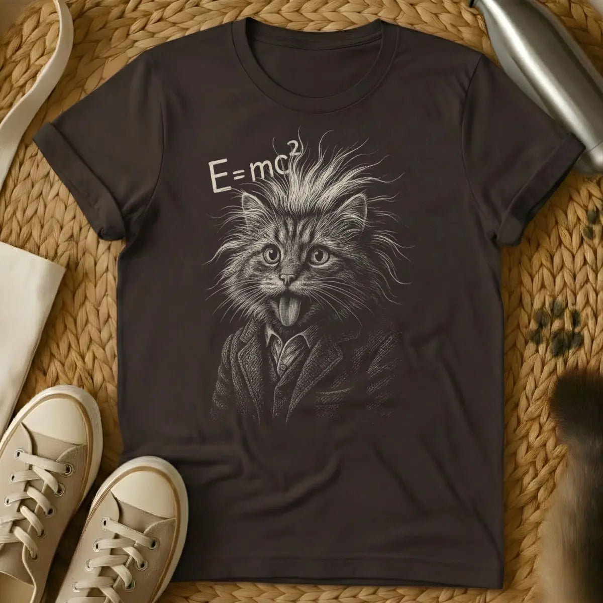 Einstein Cat Shirt - Dark Chocolate T-Shirt - intelligent animal, nerdy cat, physics pun