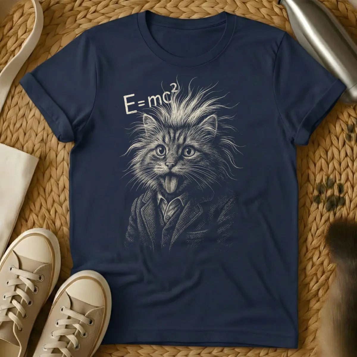 Einstein Cat Shirt - Navy T-Shirt - intelligent animal, nerdy cat, physics pun