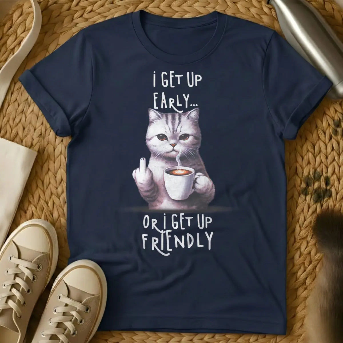 Wake Up Cat T-Shirt - Navy Cat T-Shirt