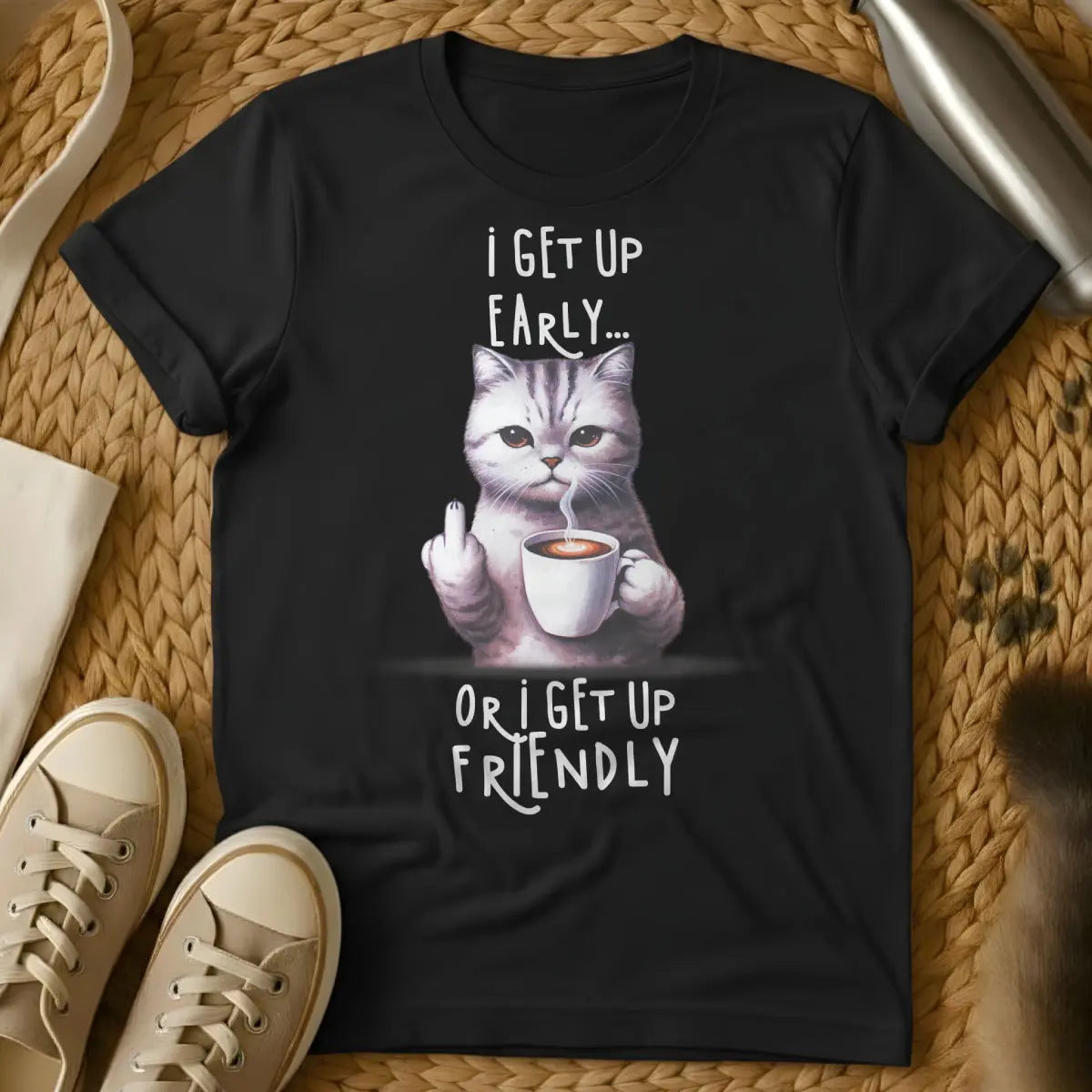 Wake Up Cat T-Shirt - Black Cat T-Shirt