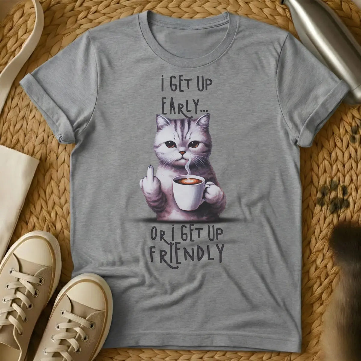 Wake Up Cat T-Shirt - Gray Cat T-Shirt