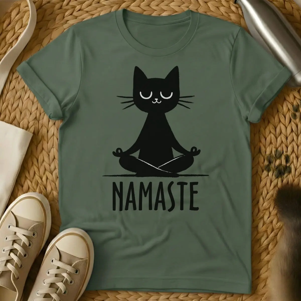 Namaste Cat T-Shirt - Military Green Cat T-Shirt
