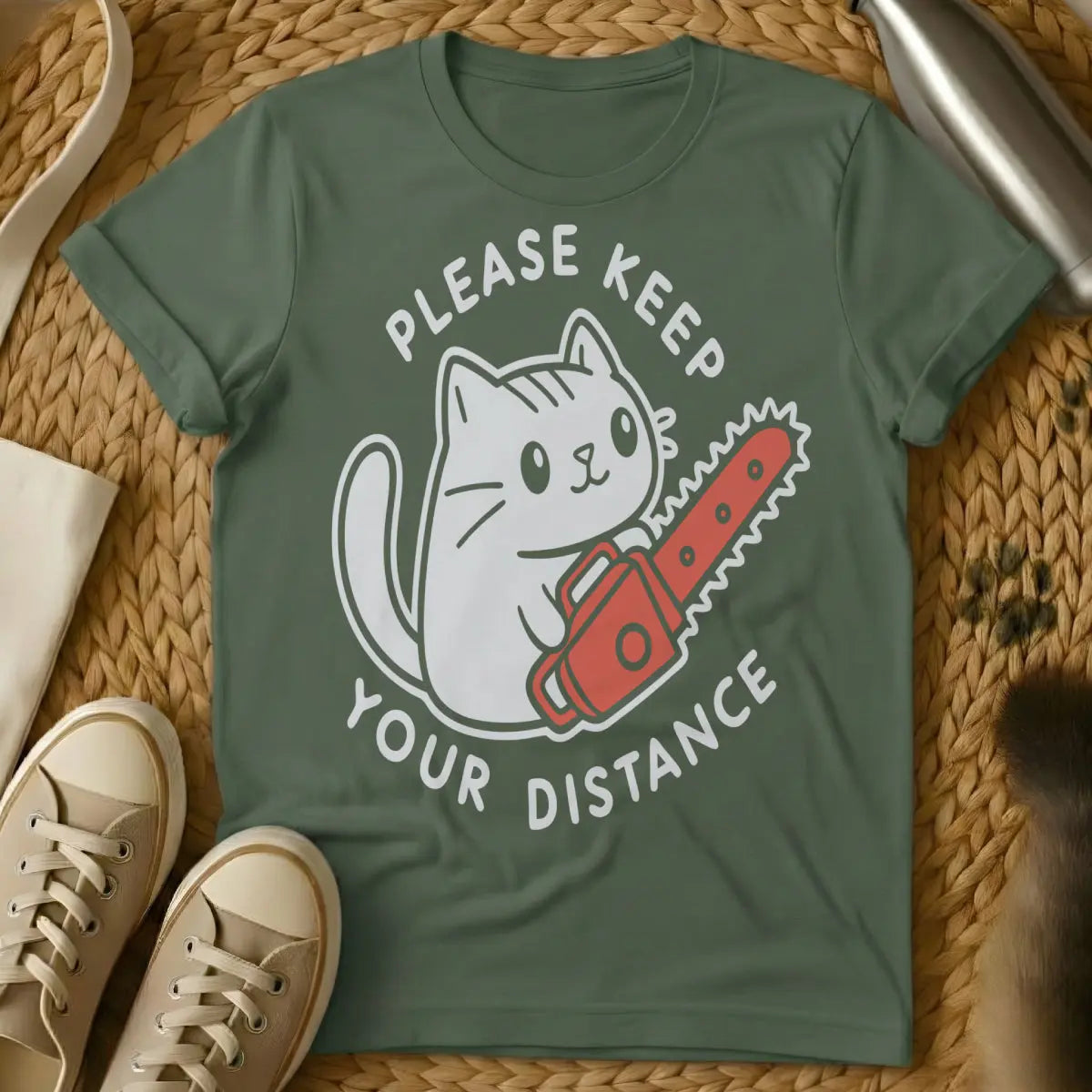 Keep Distance Cat T-Shirt - Military Green Cat T-Shirt