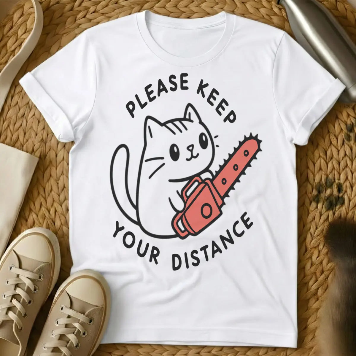Keep Distance Cat T-Shirt - White Cat T-Shirt
