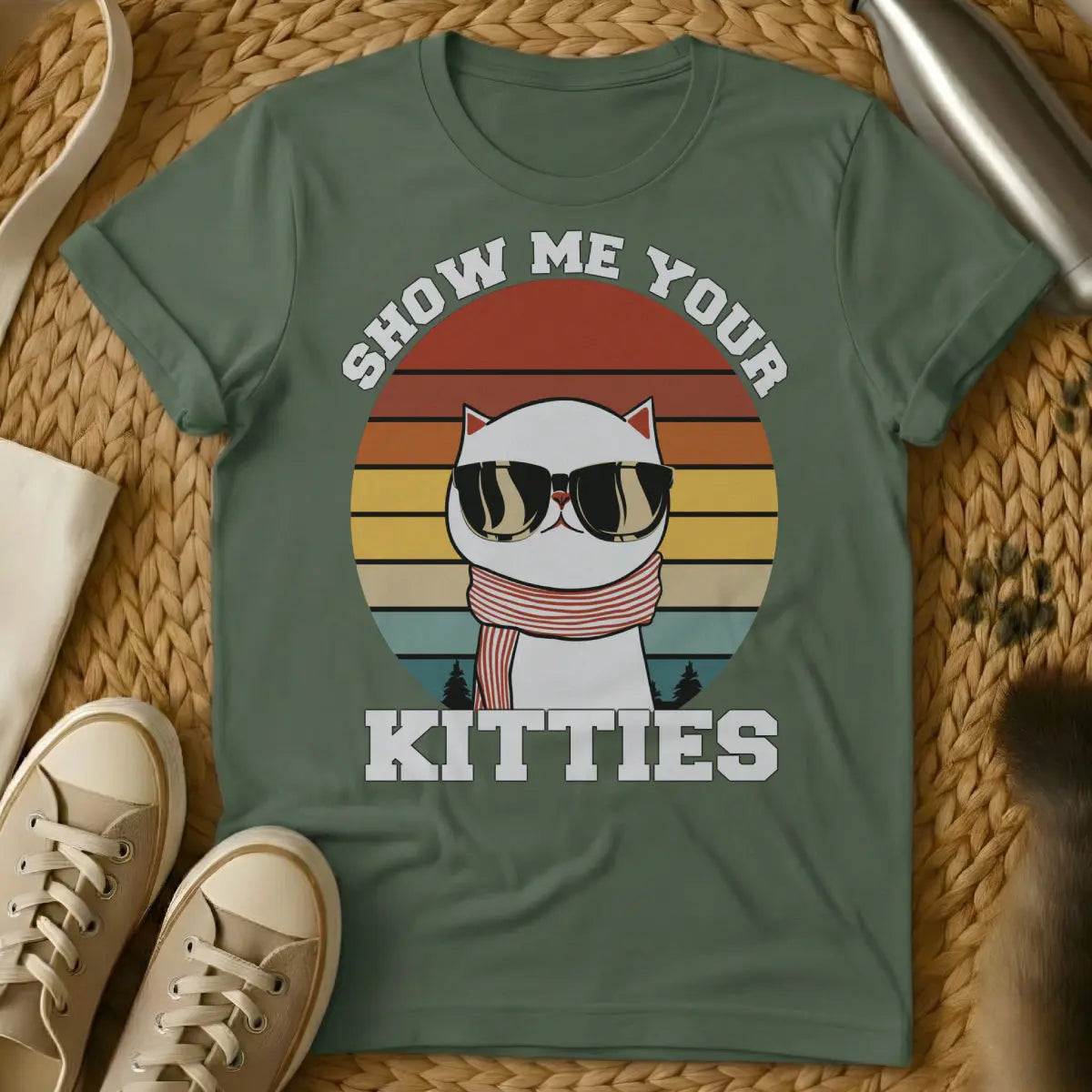 Show Me Your Kitties Cat Shirt - Military Green Cat T-Shirt