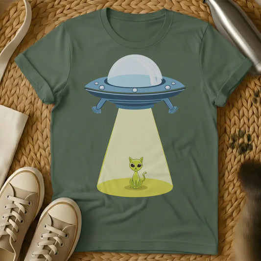 Alien Cat Shirt - Military Green T-Shirt - conspiracy theory cat, cosmic feline, extraterrestrial pet