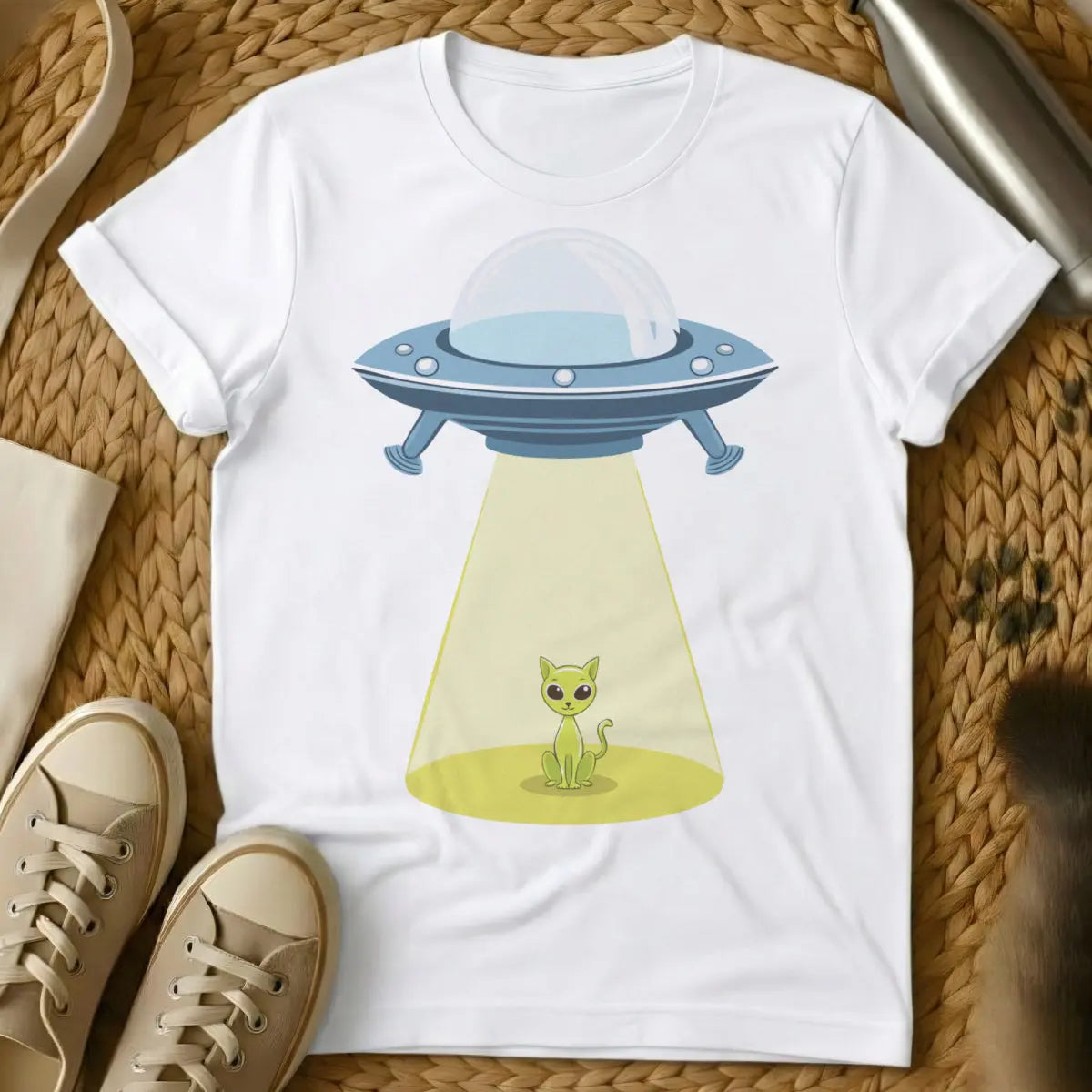 Alien Cat Shirt - White T-Shirt - conspiracy theory cat, cosmic feline, extraterrestrial pet